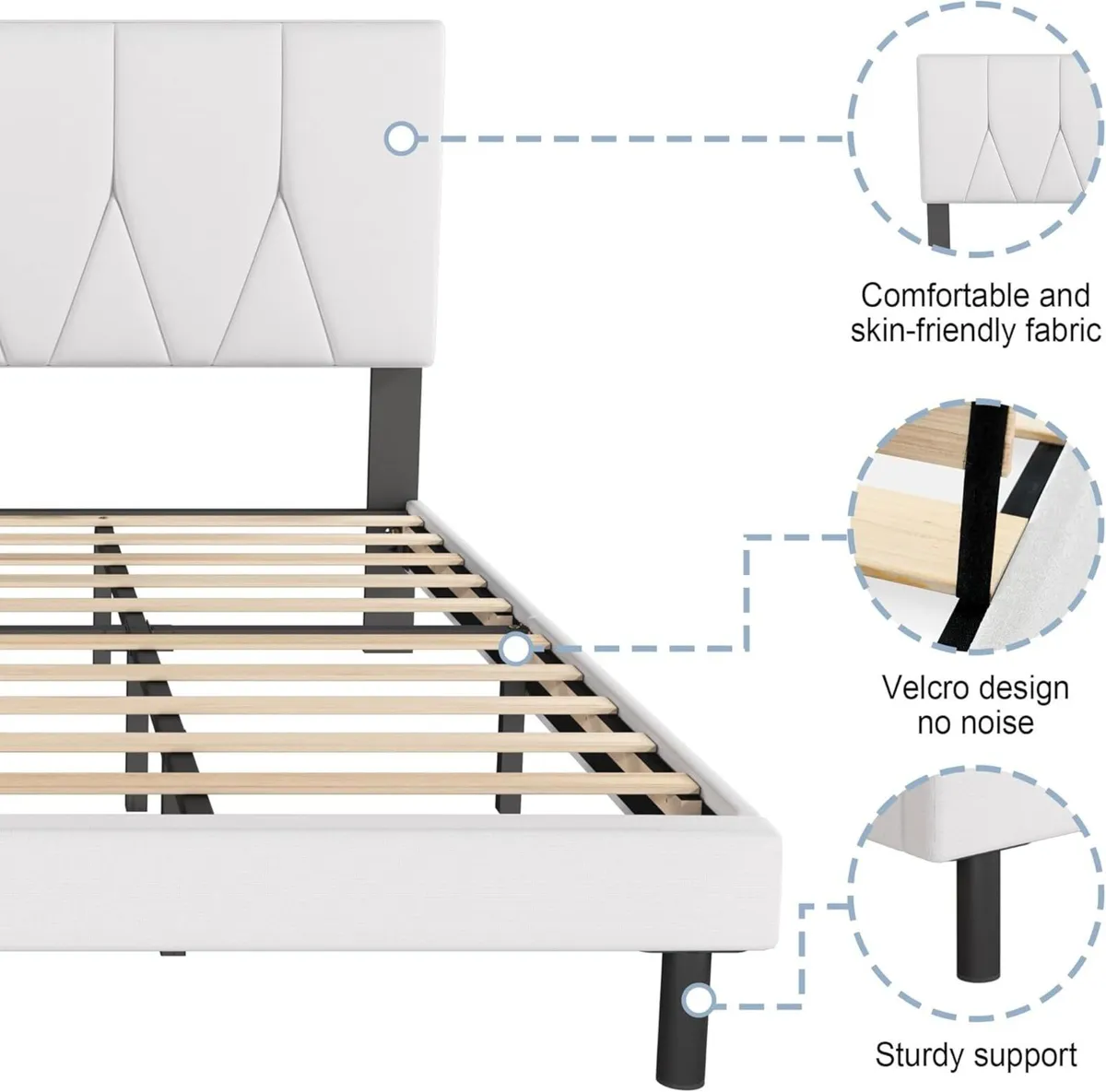 Double Bed Frame White Upholstered Wooden Slat - Image 3