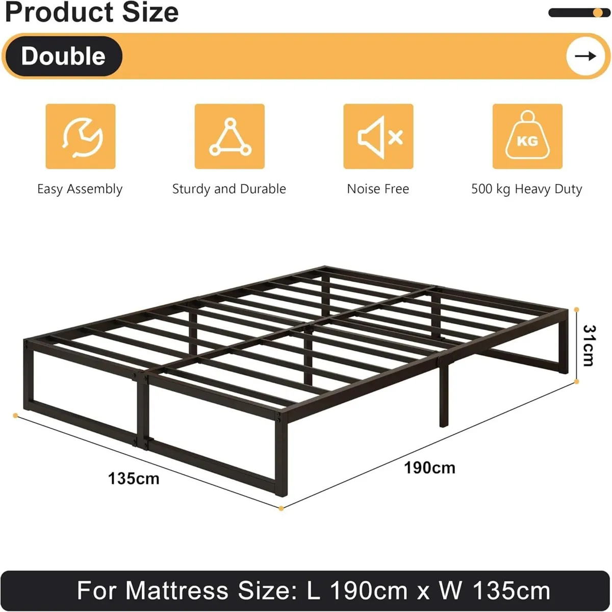 Double Bed Frame 135x190 cm Metal with Steel Slat - Image 2