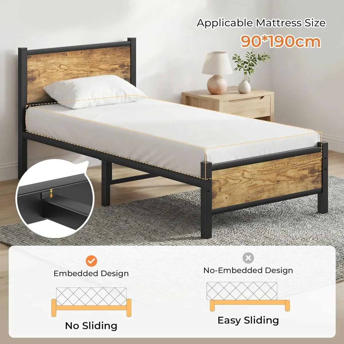 Single Bed Frame with Wooden Headboard and - Image 4