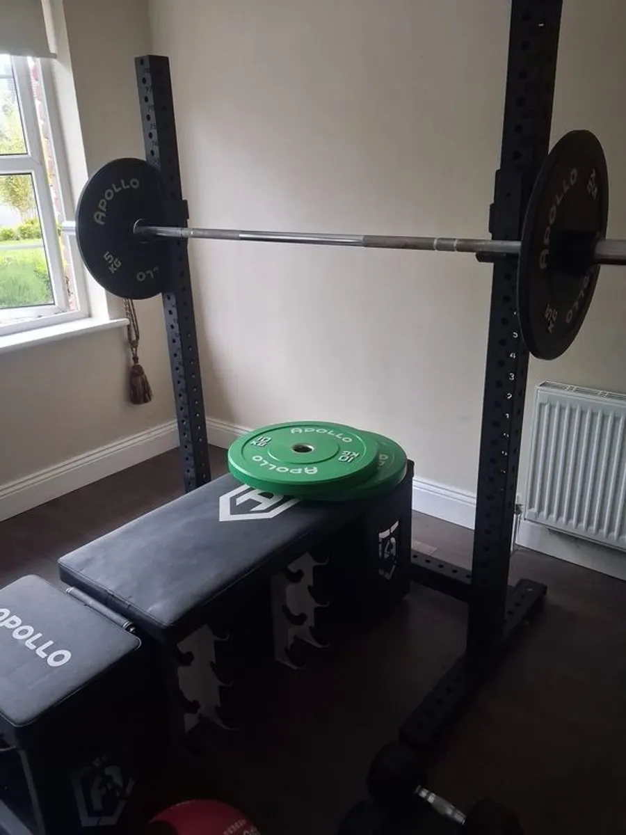 squat rack with weights and adjustable bench - Image 1
