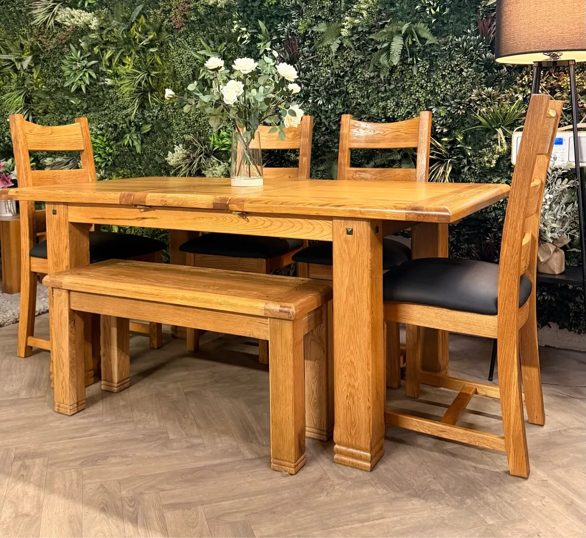 Extending oak kitchen table, 4 chairs & bench - Image 2