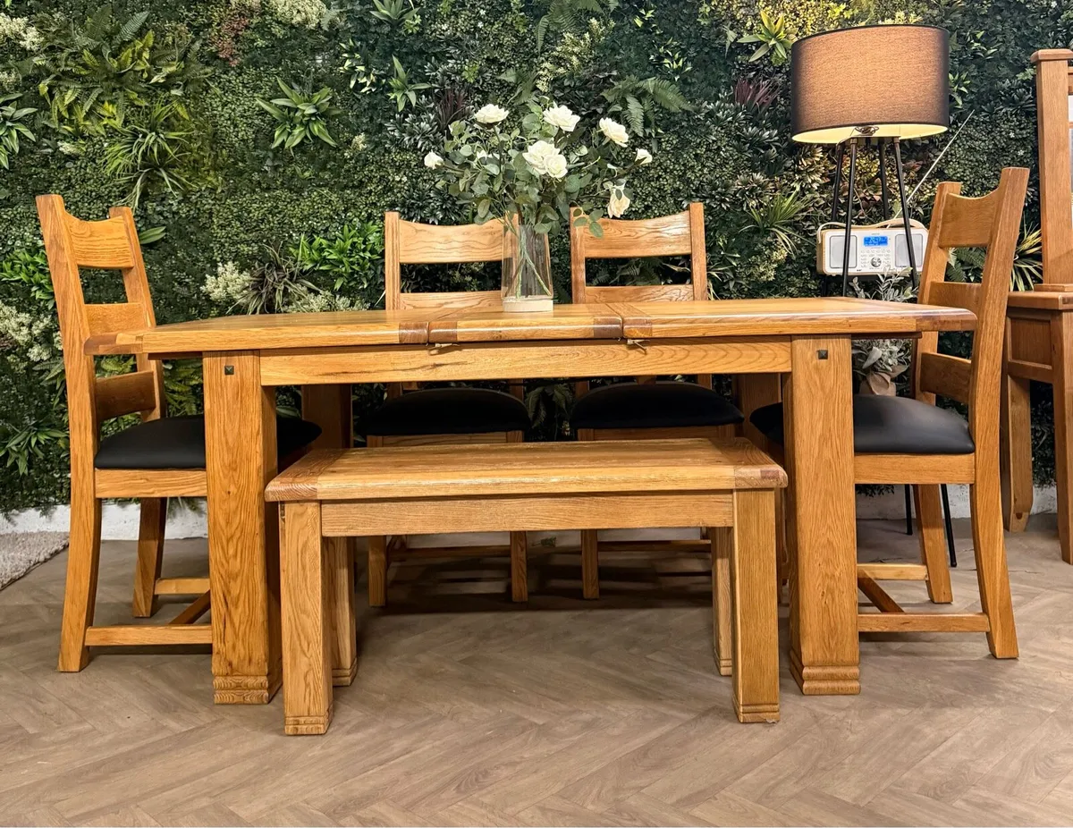 Extending oak kitchen table, 4 chairs & bench - Image 3
