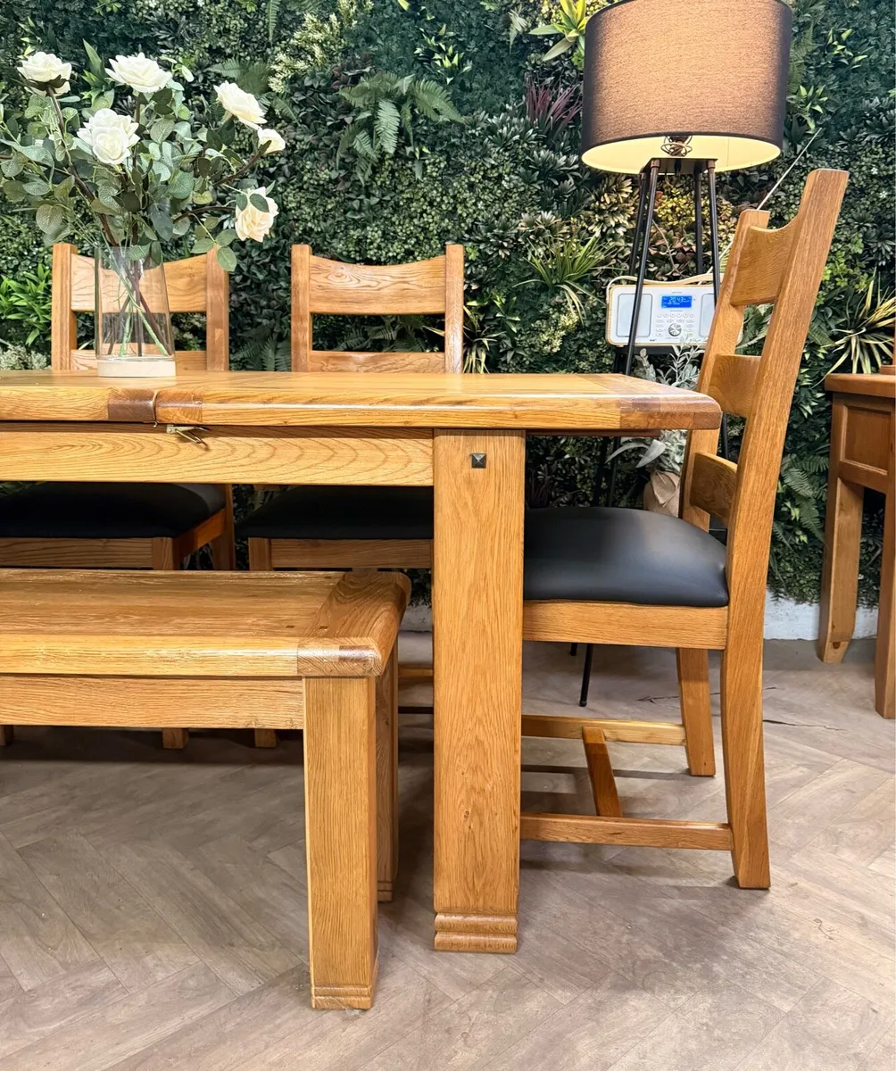 Extending oak kitchen table, 4 chairs & bench - Image 4
