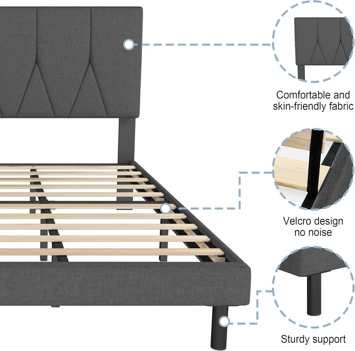 Double Bed Frame Dark Grey Upholstered Wooden - Image 3