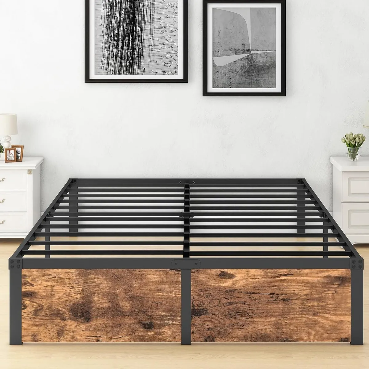 King Bed Frame with Wooden Footboard 32cm Metal - Image 1