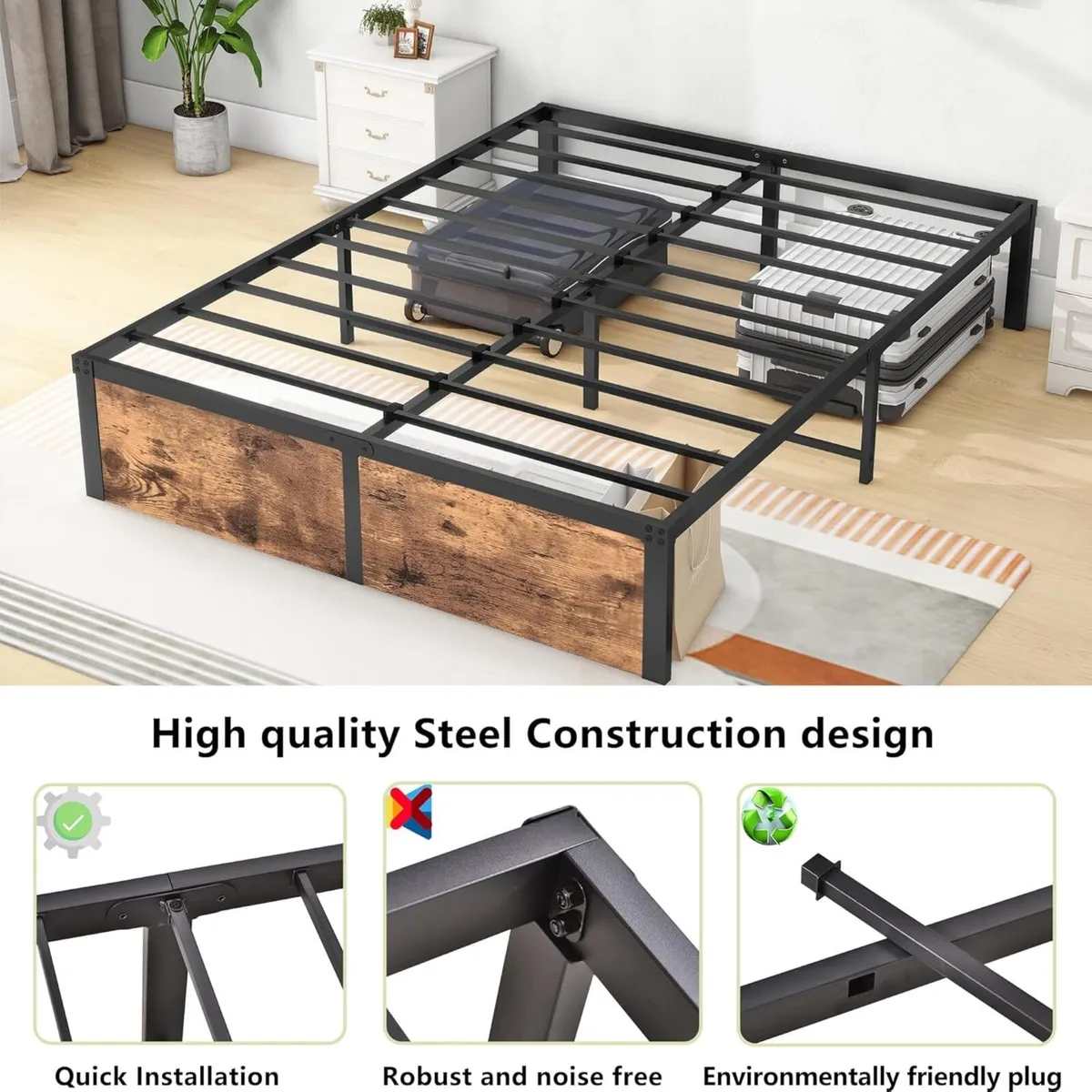 King Bed Frame with Wooden Footboard 32cm Metal - Image 4