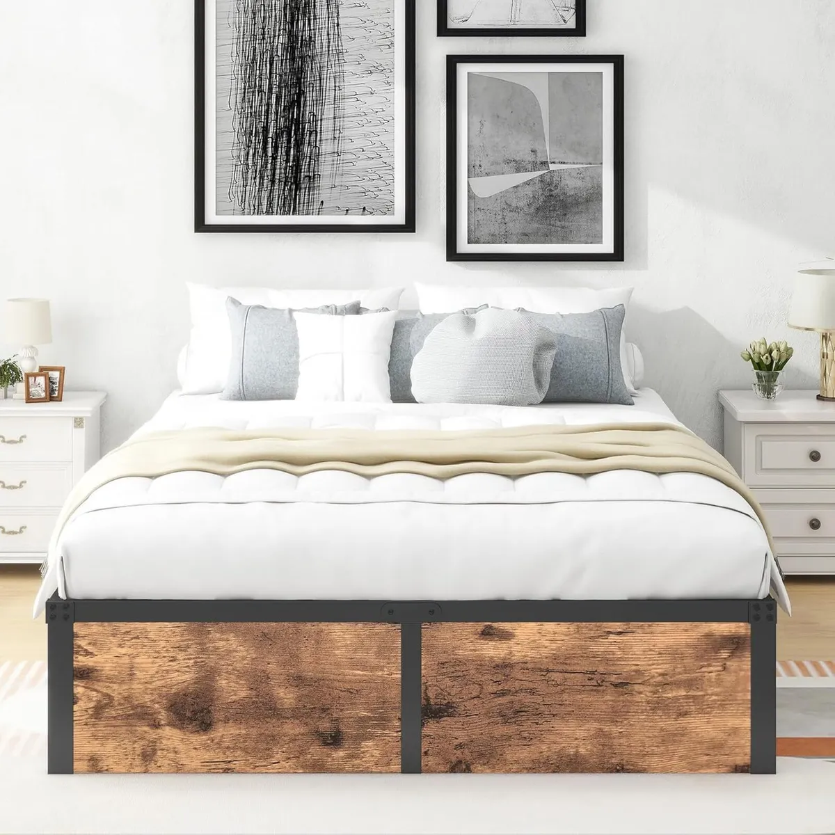 King Bed Frame with Wooden Footboard 32cm Metal - Image 3