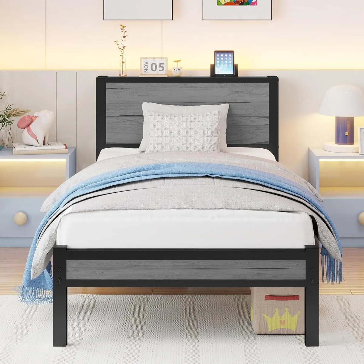 Wooden Single Bed Frame with Storage Headboard - Image 1