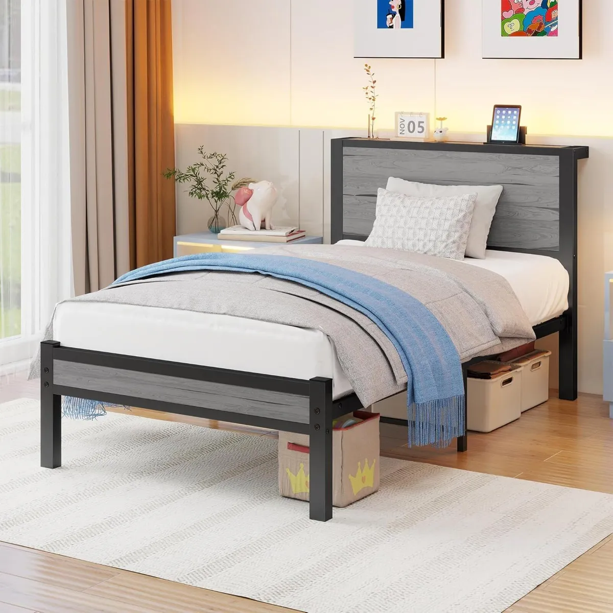 Wooden Single Bed Frame with Storage Headboard - Image 3
