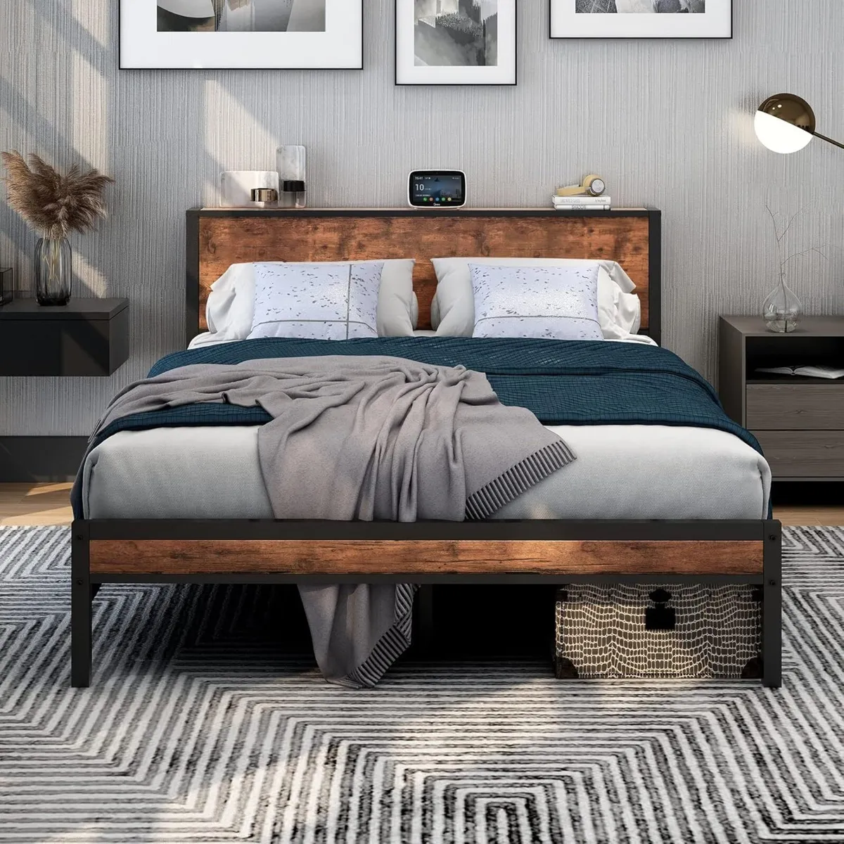 King Size Bed Frame with Storage Wooden Headboard - Image 1