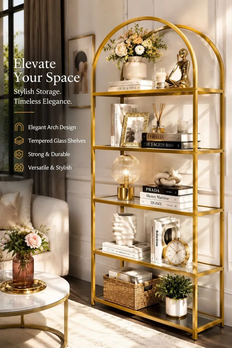 Gold Arch Display Shelf with Tempered Glass Shelve - Image 1