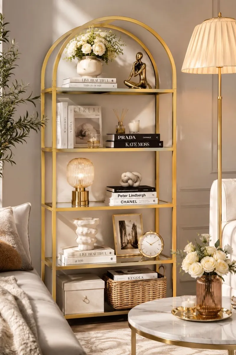 Gold Arch Display Shelf with Tempered Glass Shelve - Image 3