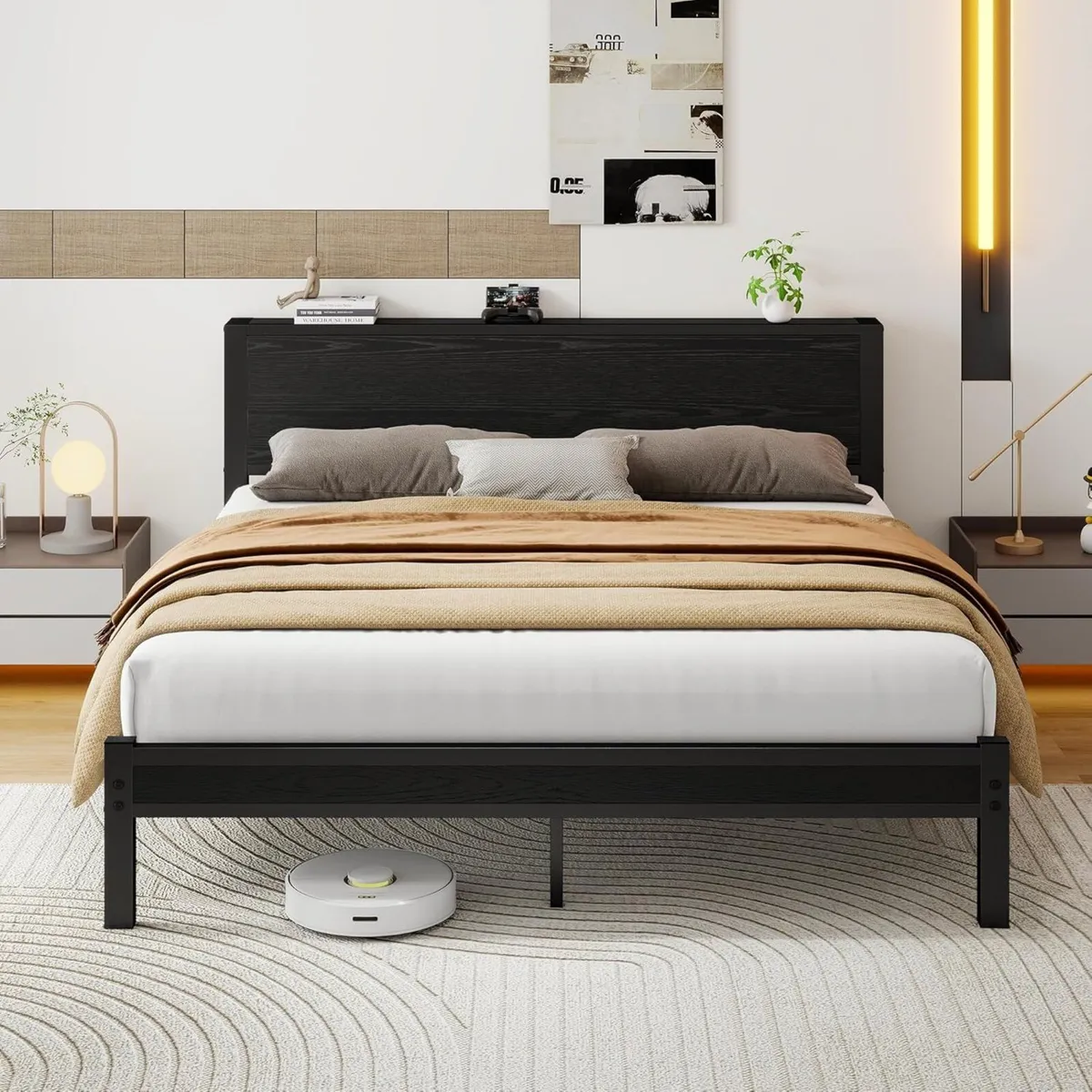 King Size Bed Frame with Wooden Storage Headboard - Image 3