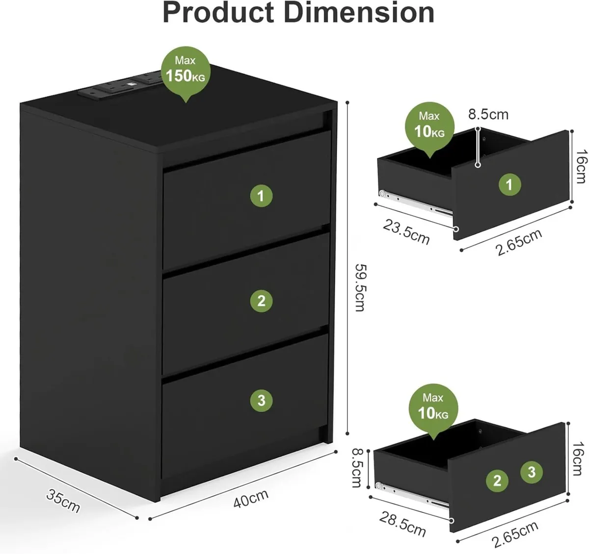 Bedside Table Nightstand with 3 Drawers and Power - Image 2