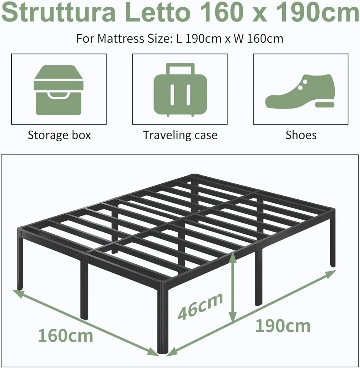 High Metal Bed 160 x 190 cm with Round Legs 46 - Image 2