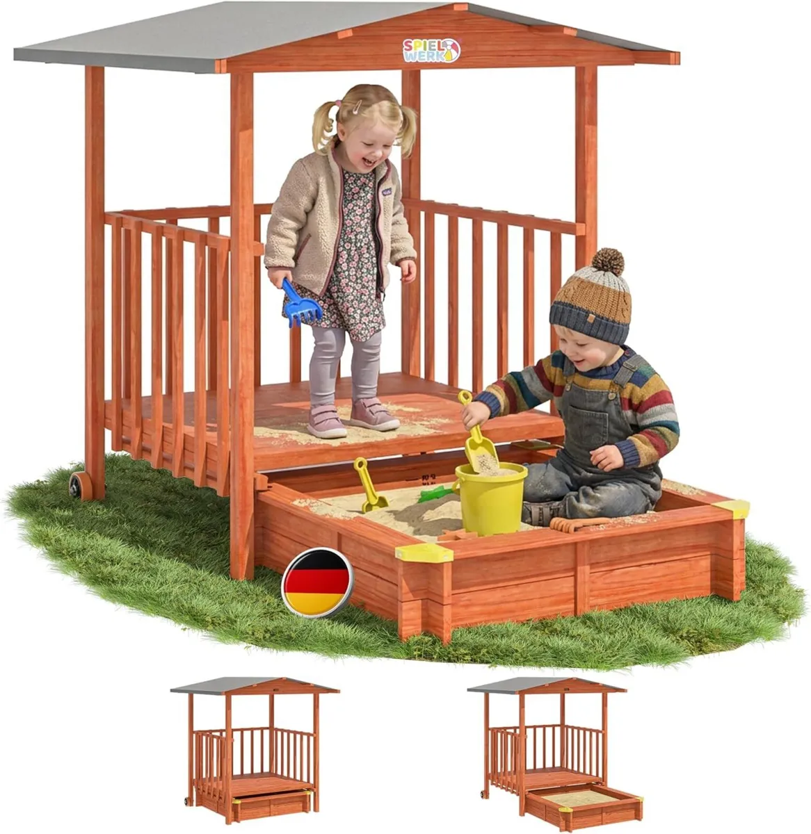 2-in-1 Wooden Sandpit & Playhouse with Roof - Image 2