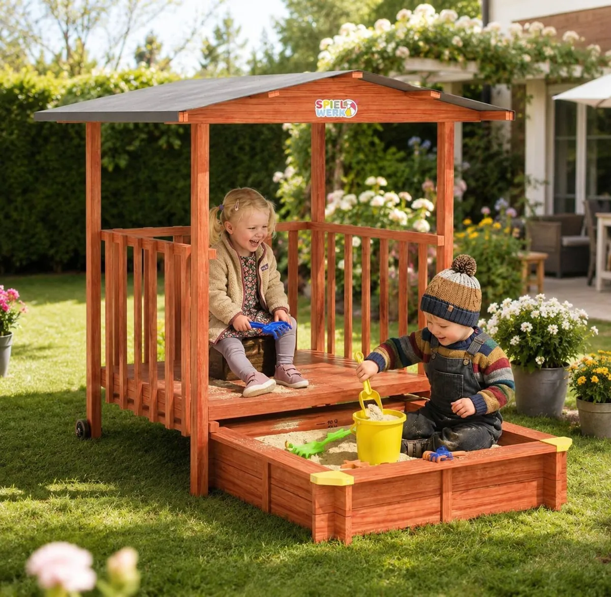 2-in-1 Wooden Sandpit & Playhouse with Roof - Image 3