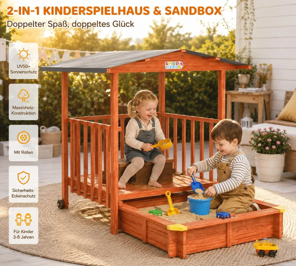 2-in-1 Wooden Sandpit & Playhouse with Roof - Image 4