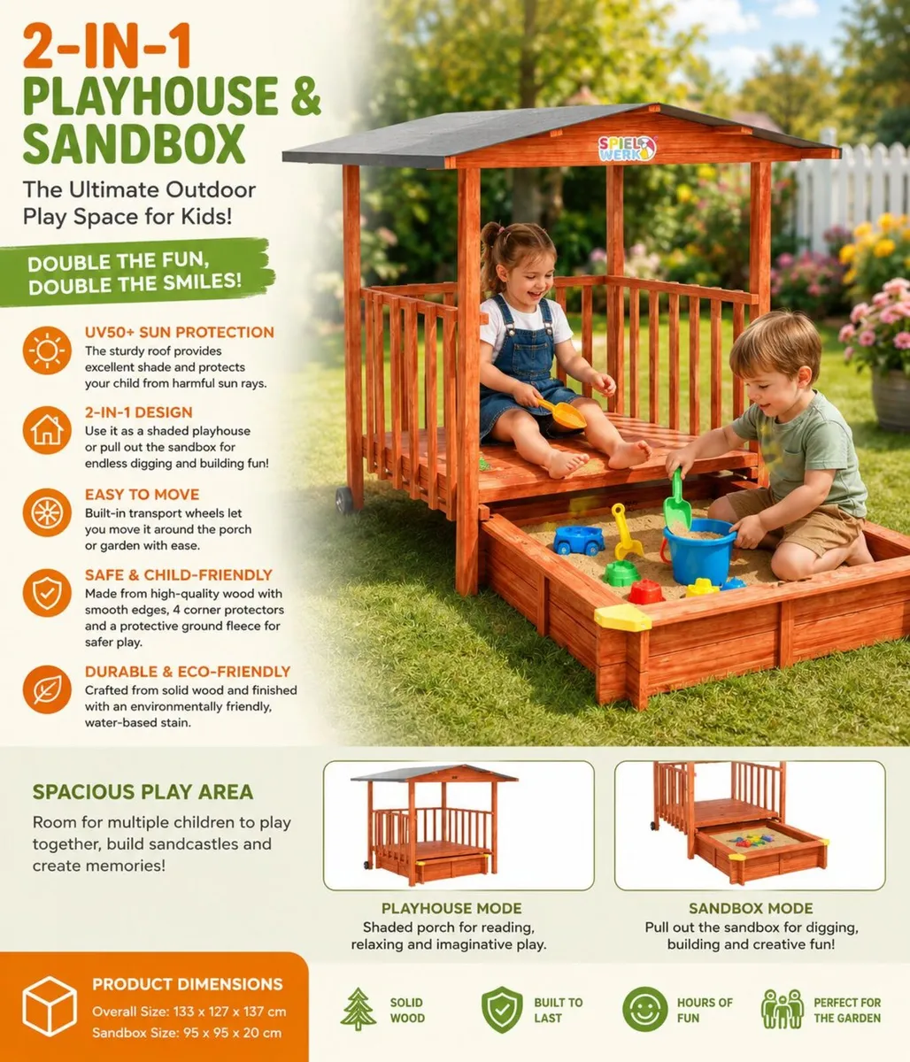 2-in-1 Wooden Sandpit & Playhouse with Roof - Image 1