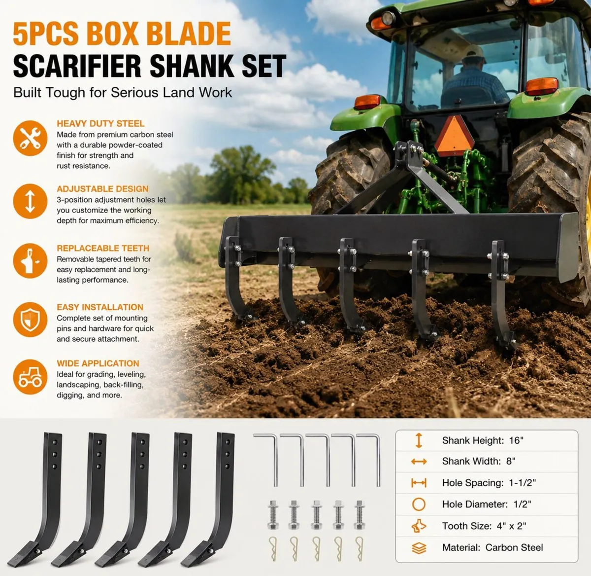 5pcs Box Blade Shank, 16" Scarifier Shank, 3 Hole - Image 1