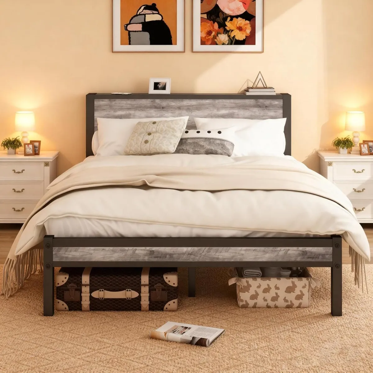 Double Bed Frames with Wooden Storage Shelf - Image 1