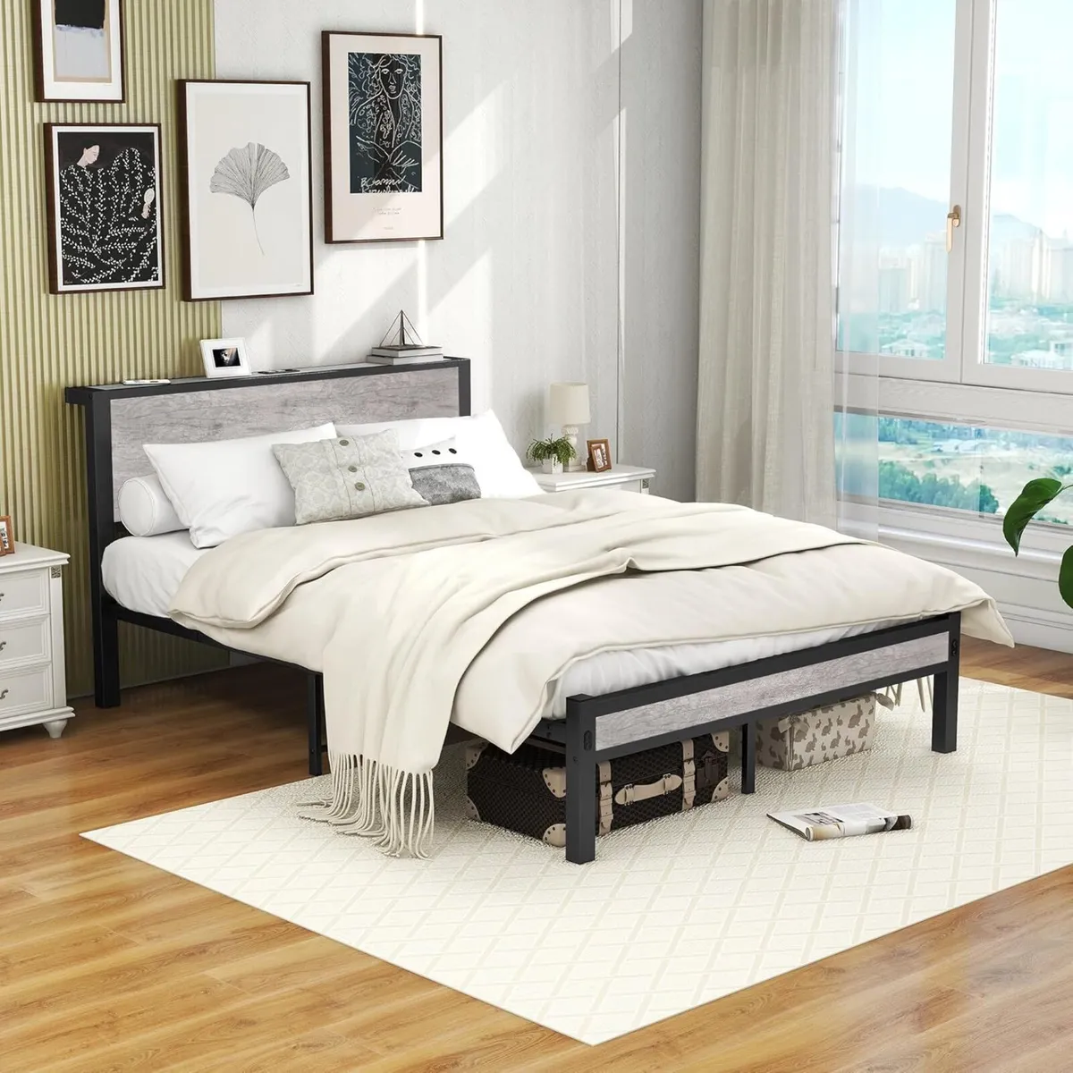 Double Bed Frames with Wooden Storage Shelf - Image 3