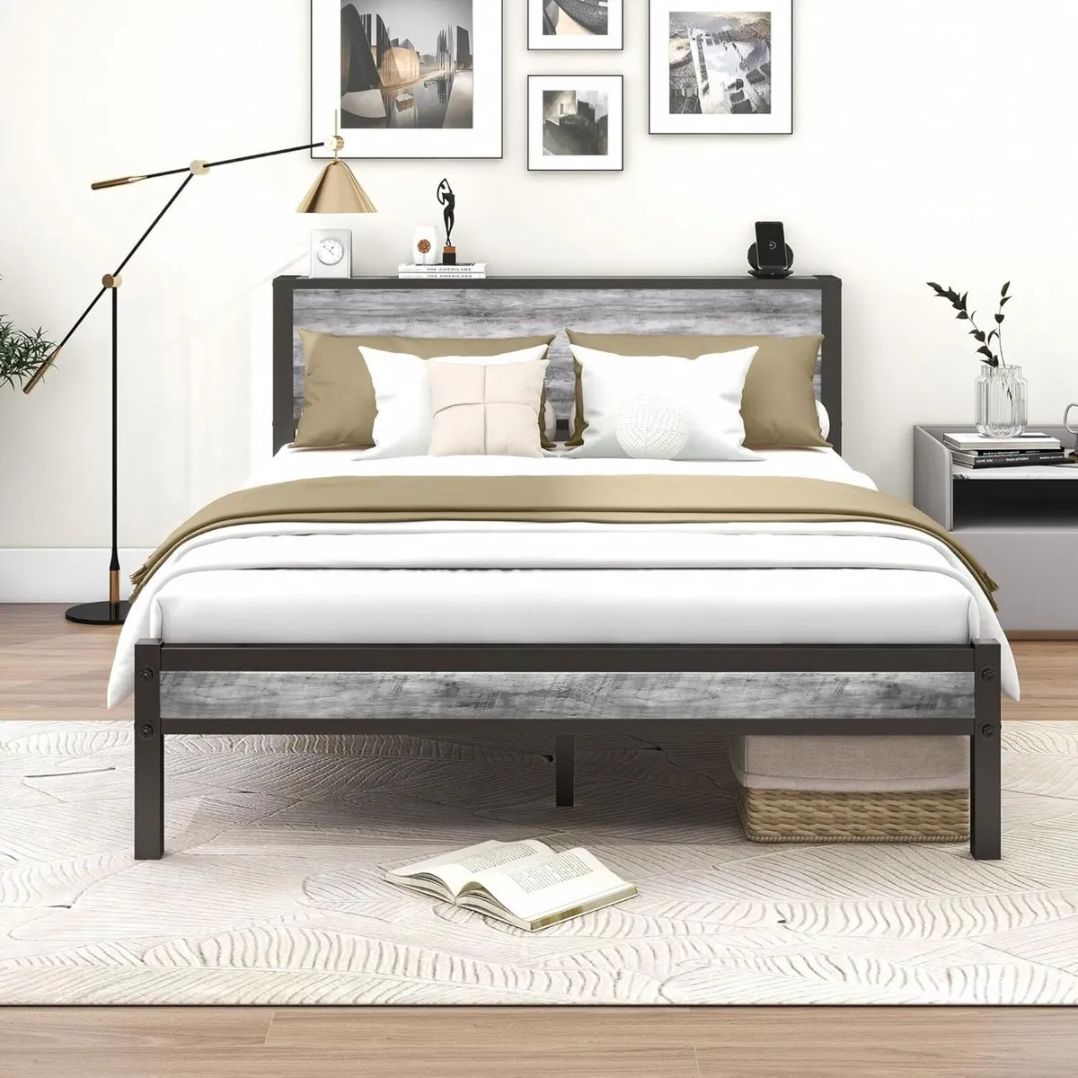 King Size Bed Frame with Storage Wooden Headboard - Image 1