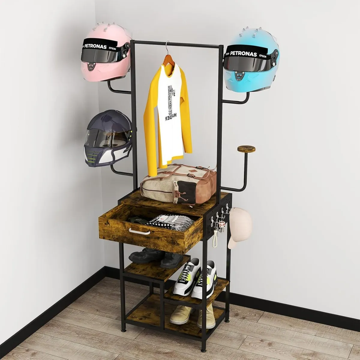 Motorcycle Helmet Stand with Drawer Wooden Metal - Image 2