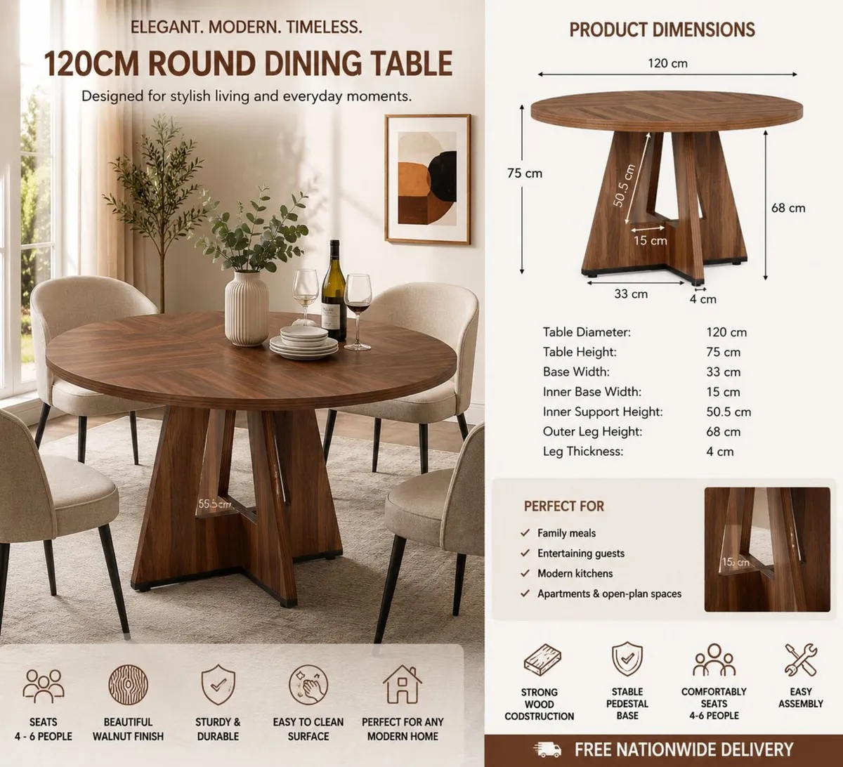 Elegant 120cm Round Walnut Dining Table - Image 1