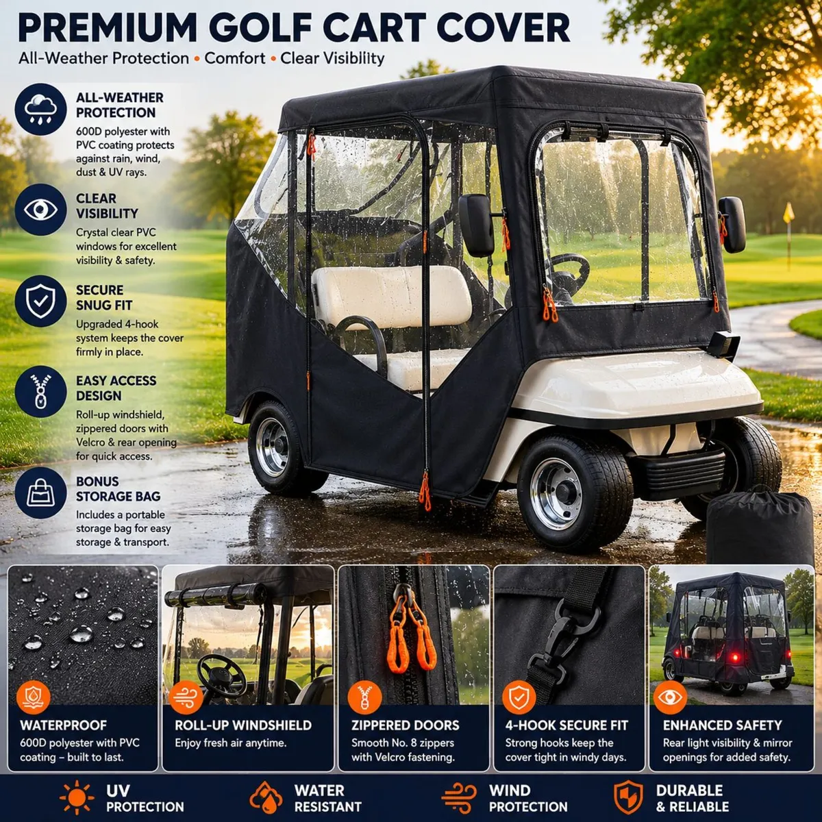 2 Passenger Golf Cart Cover Waterproof Driving Enc - Image 1