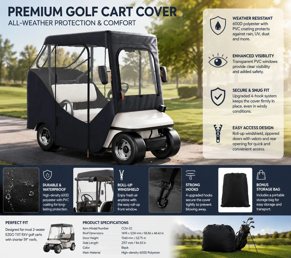 2 Passenger Golf Cart Cover Waterproof Driving Enc - Image 3