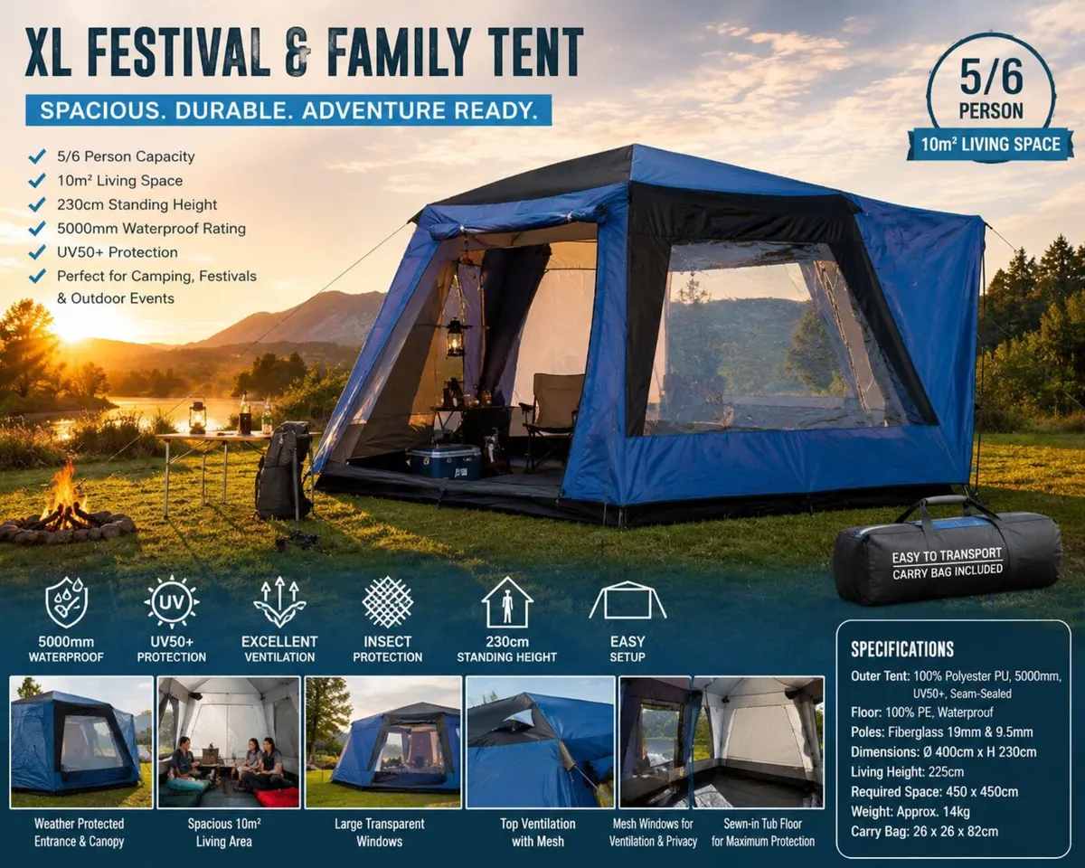 5/6 Person XL Festival & Family Camping Tent - Image 1