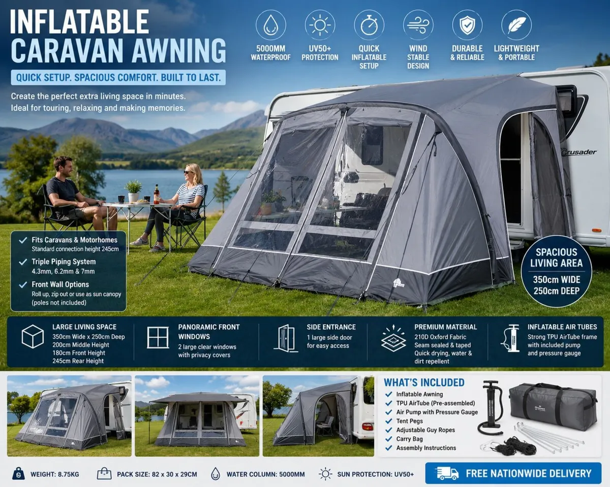 Inflatable Caravan & Motorhome Awning – 350cm | Qu - Image 1