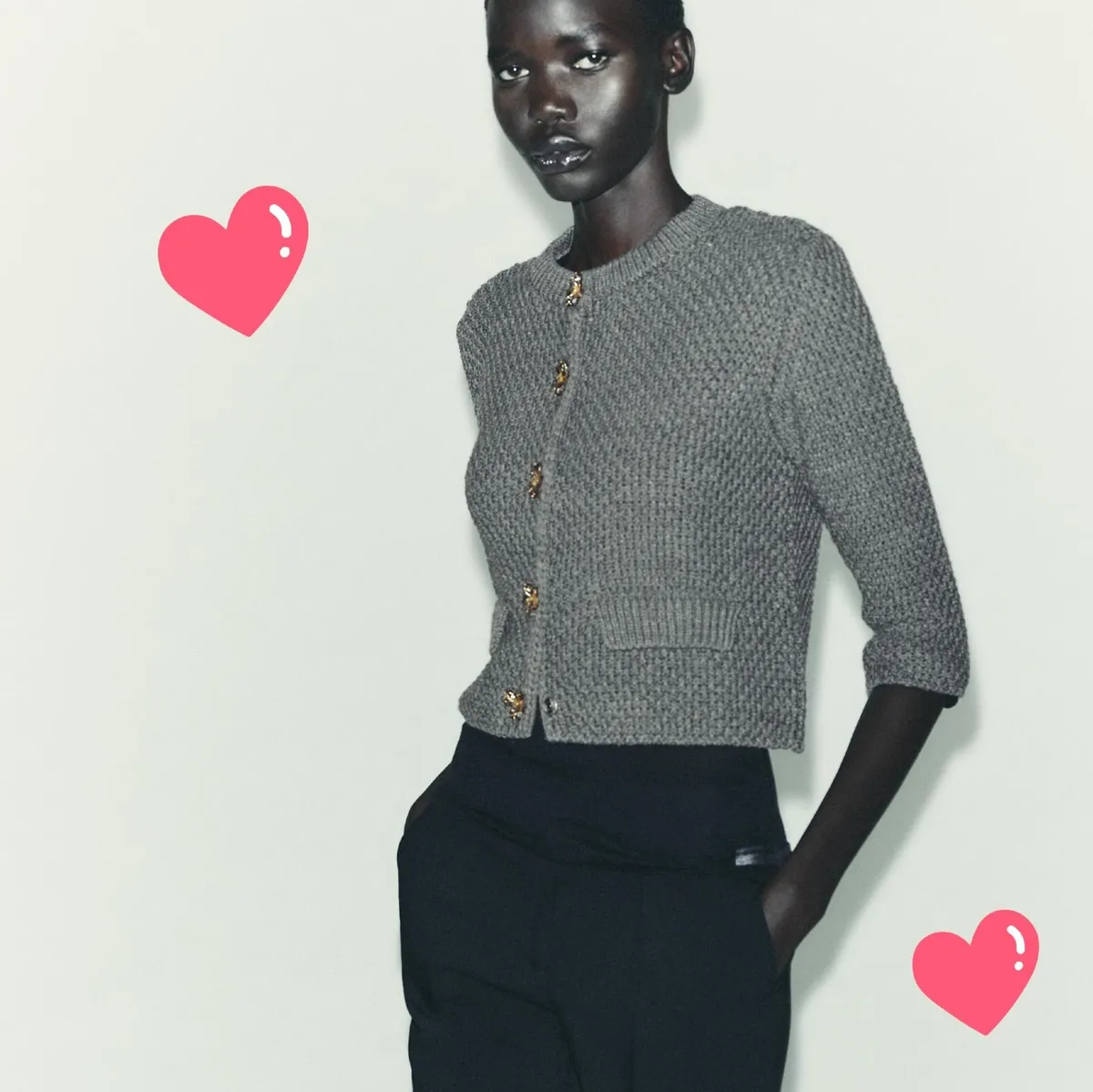 Zara Grey Knit Cardigan Flower Jewel Buttons S - Image 1