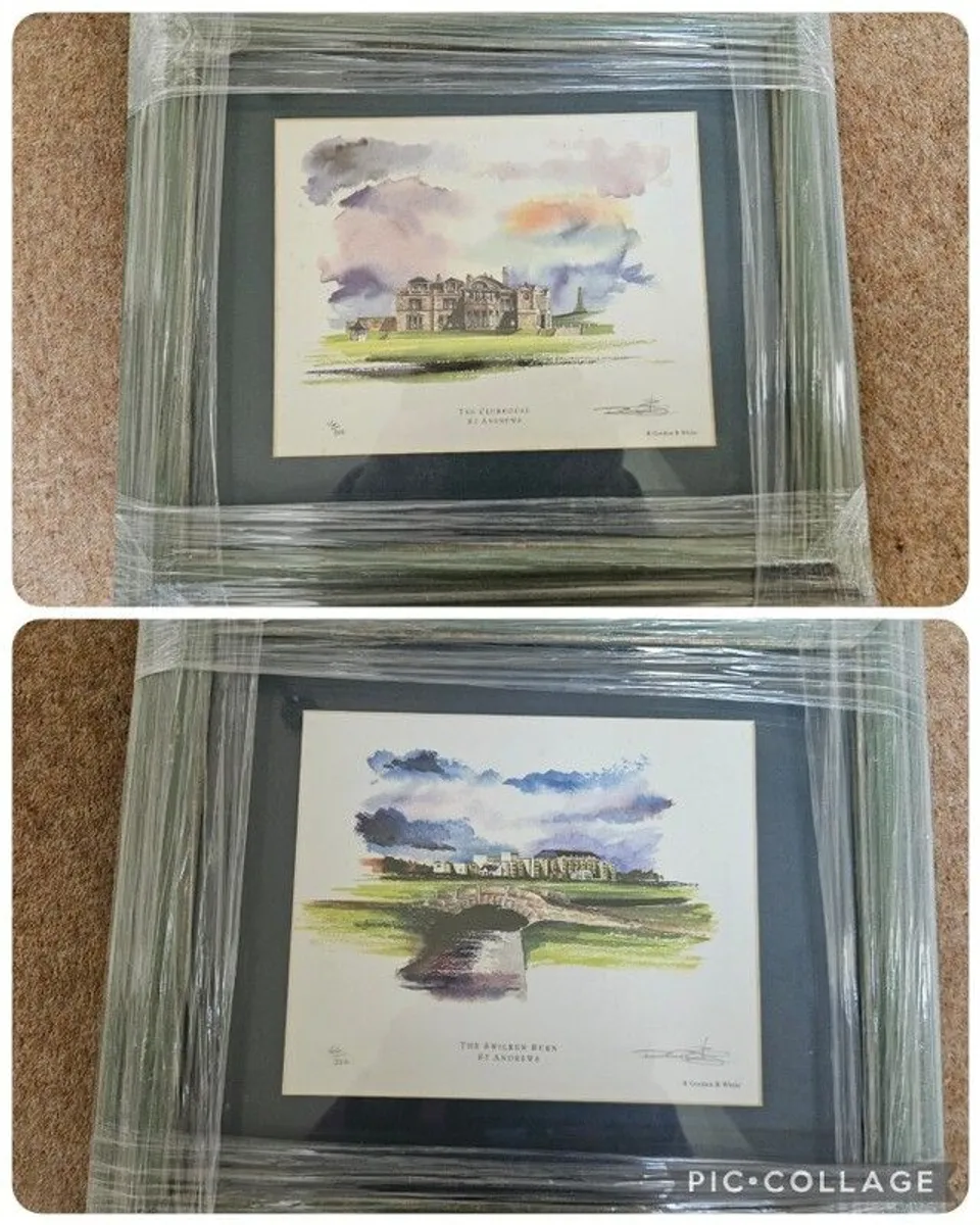 2 matching framed St Andrews 100th anniv golf prints. Printed on 100% linen board using lightfast inks - Image 1