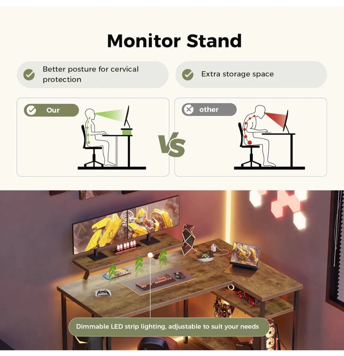 Small L-Shaped Desk with LED, 120x70cm Computer De - Image 4