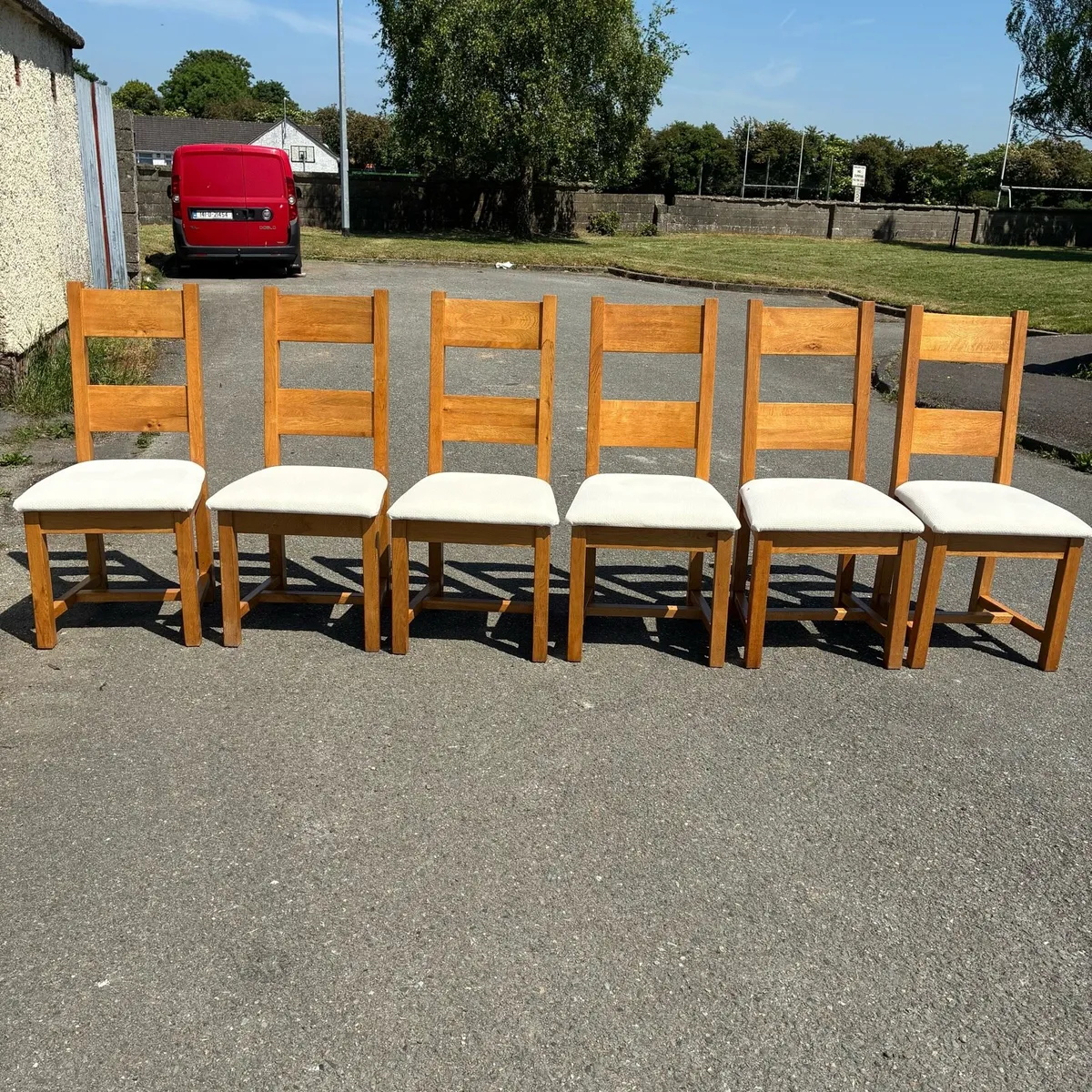 6 Solid Oak Chairs Newly recovered seats - Image 3