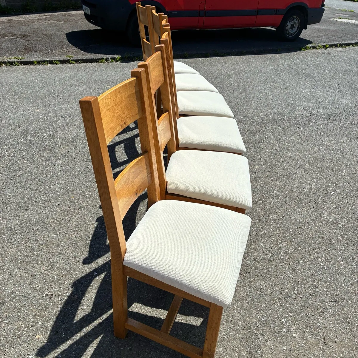 6 Solid Oak Chairs Newly recovered seats - Image 2