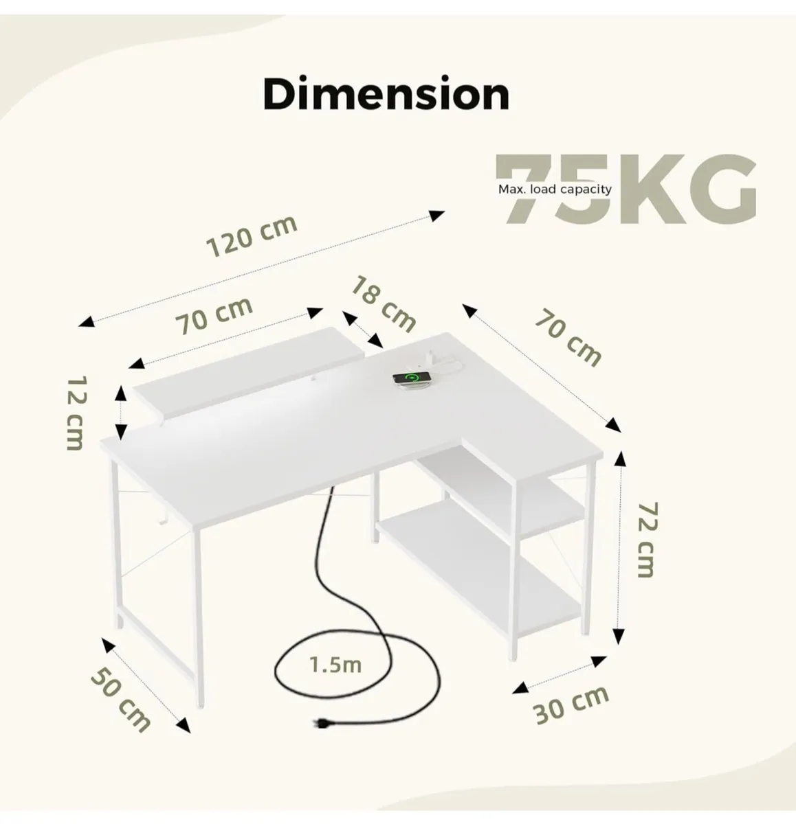 L-Shaped Desk with LED, 120x70cm Computer Desk wit - Image 2