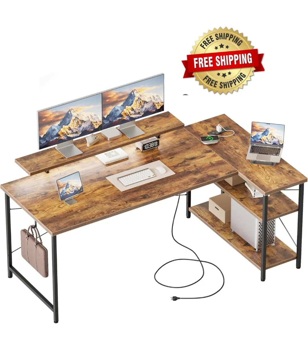 L-Shaped Desk with LED, 140x70cm Computer Desk wit - Image 1