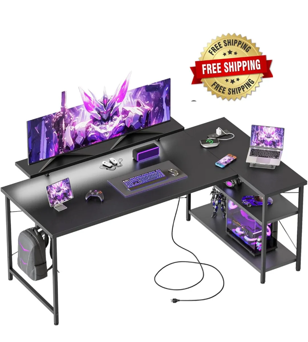 L-Shaped Desk with LED, 140x70cm Computer Desk wi - Image 1