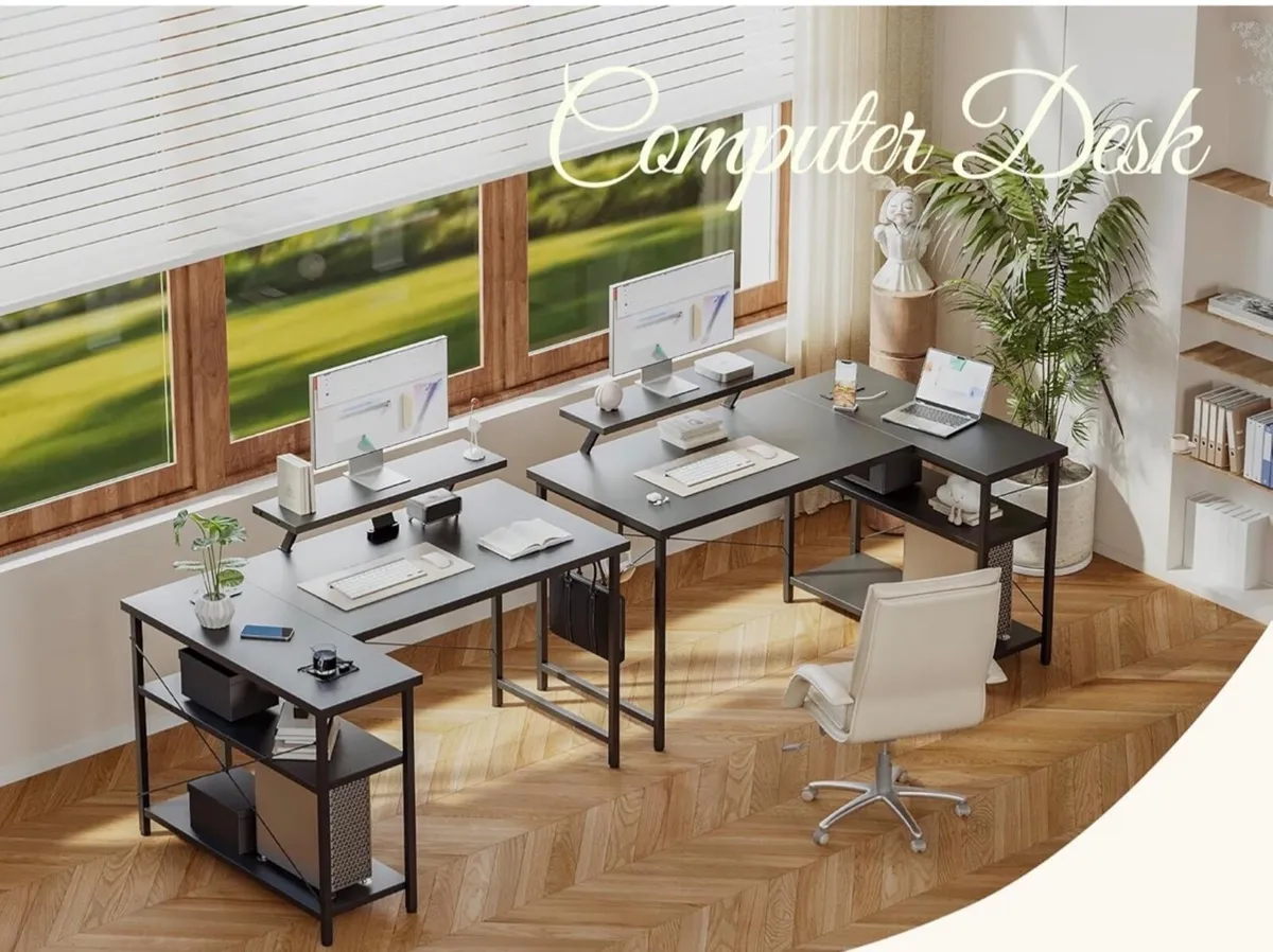 L-Shaped Desk with LED, 140x70cm Computer Desk wi - Image 1