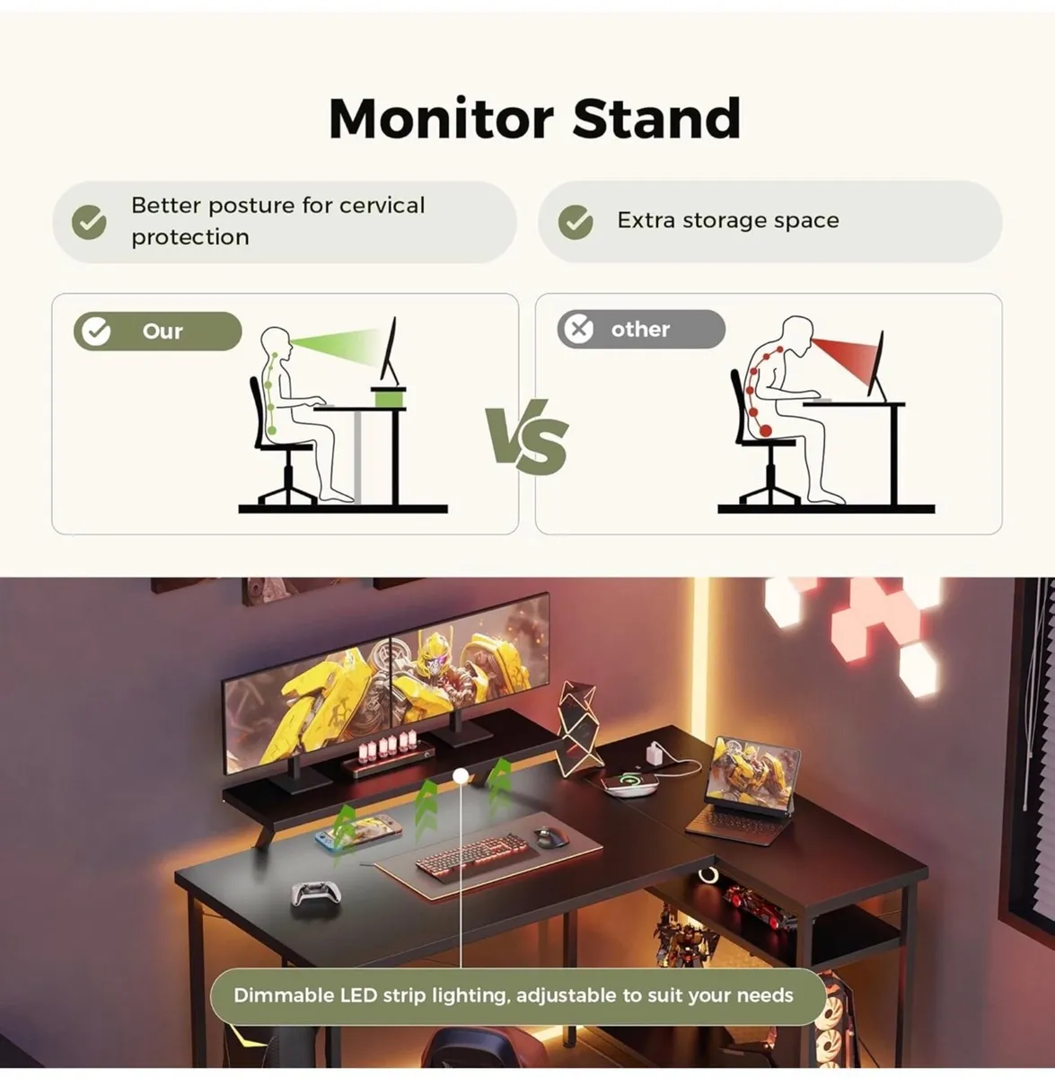 L-Shaped Desk with LED, 140x70cm Computer Desk wi - Image 2