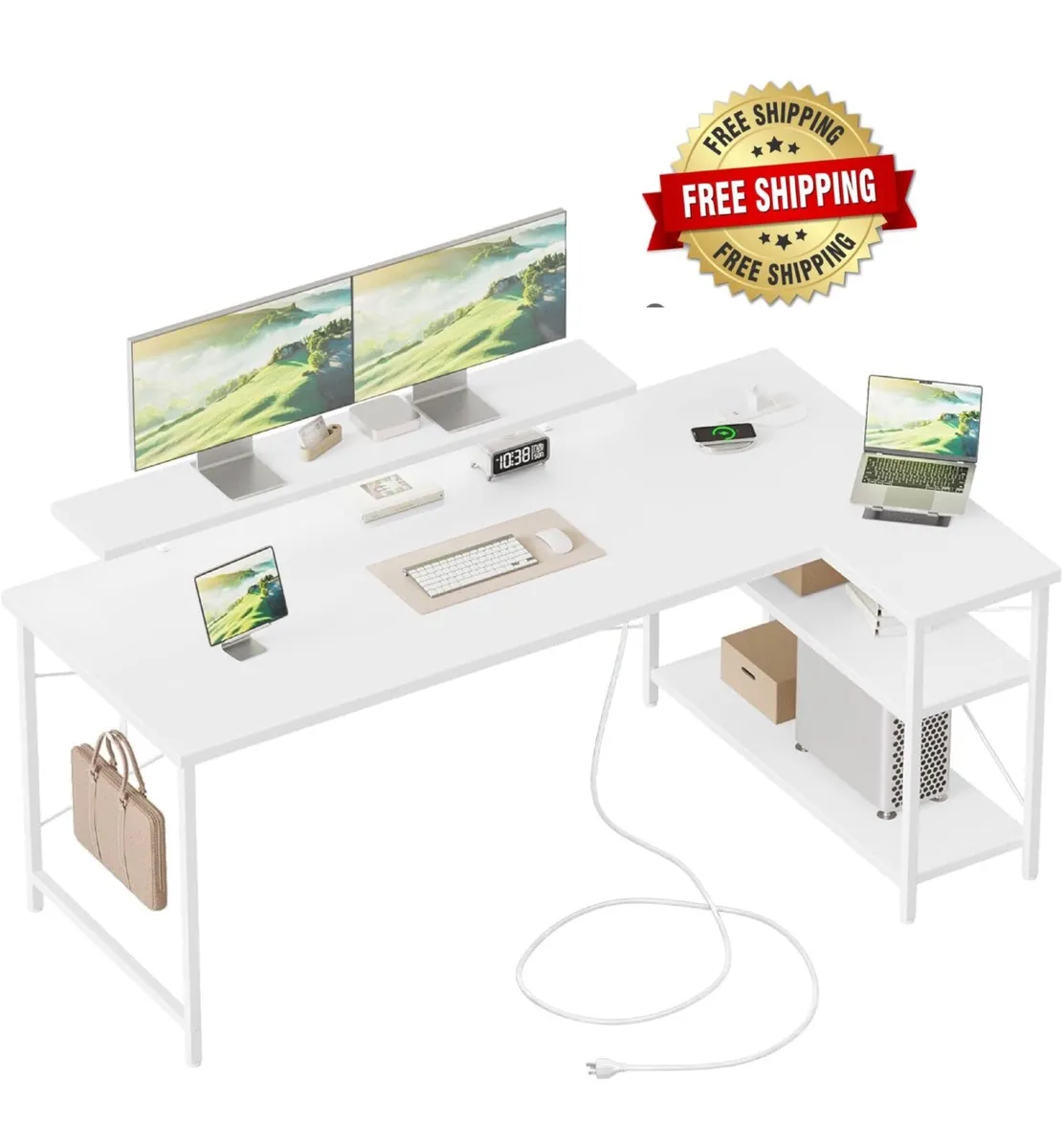 L-Shaped Desk with LED, 140x70cm Computer Desk wit - Image 1