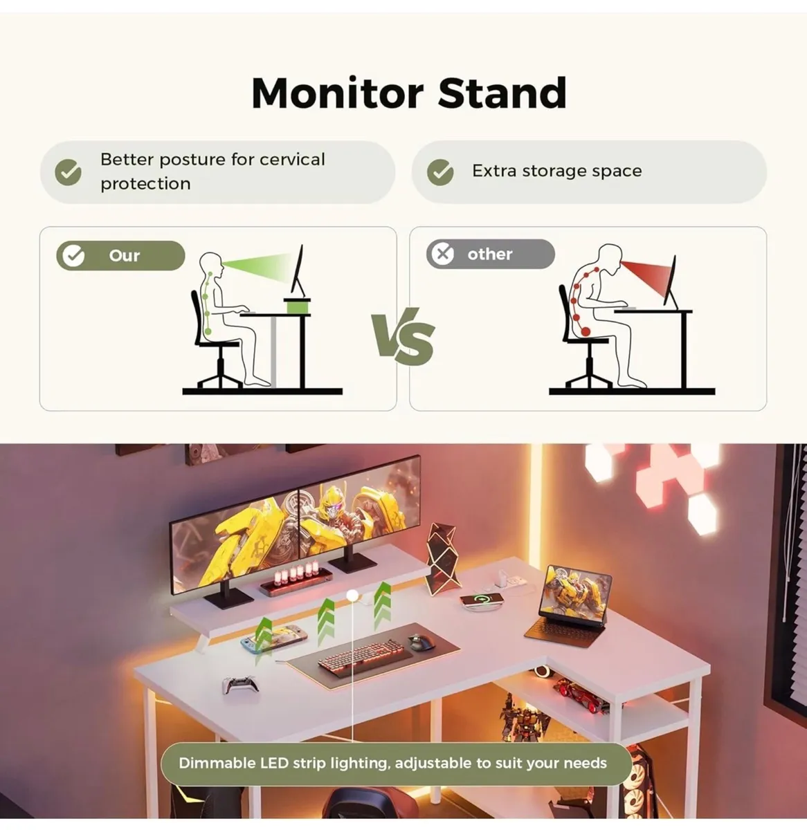 L-Shaped Desk with LED, 140x70cm Computer Desk wit - Image 2