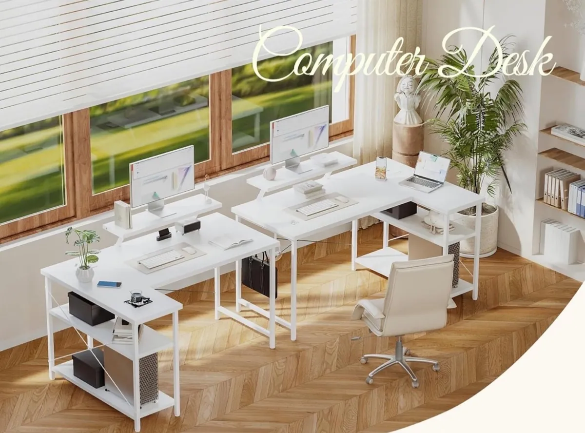 L-Shaped Desk with LED, 140x70cm Computer Desk wit - Image 1