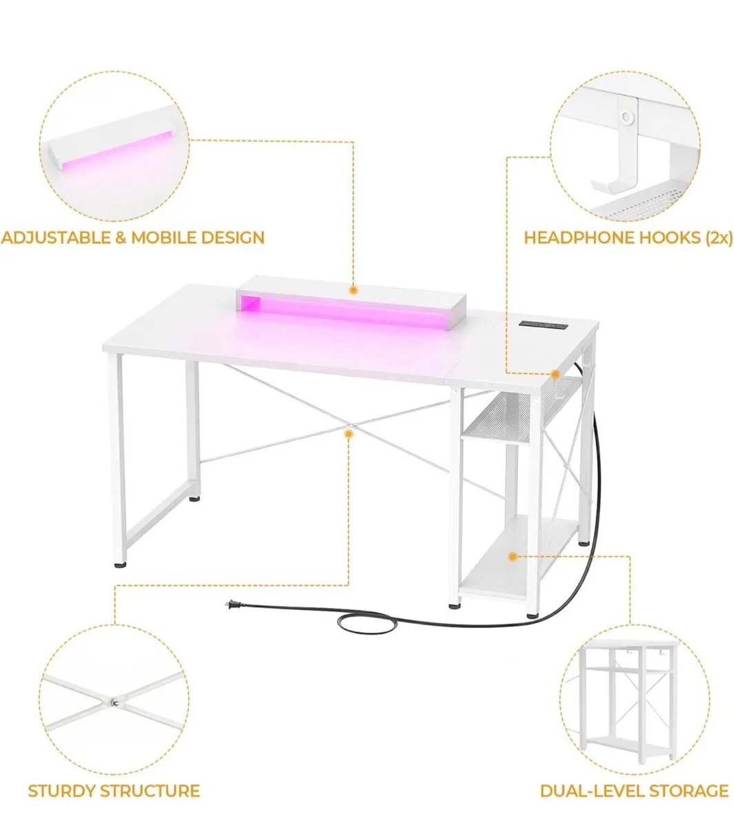 47 inch Gaming Desk with Power Outlets & LED Light - Image 2