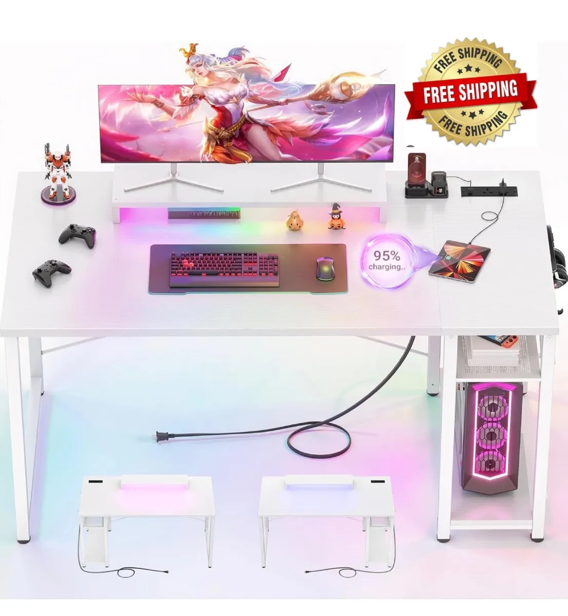 47 inch Gaming Desk with Power Outlets & LED Light - Image 1