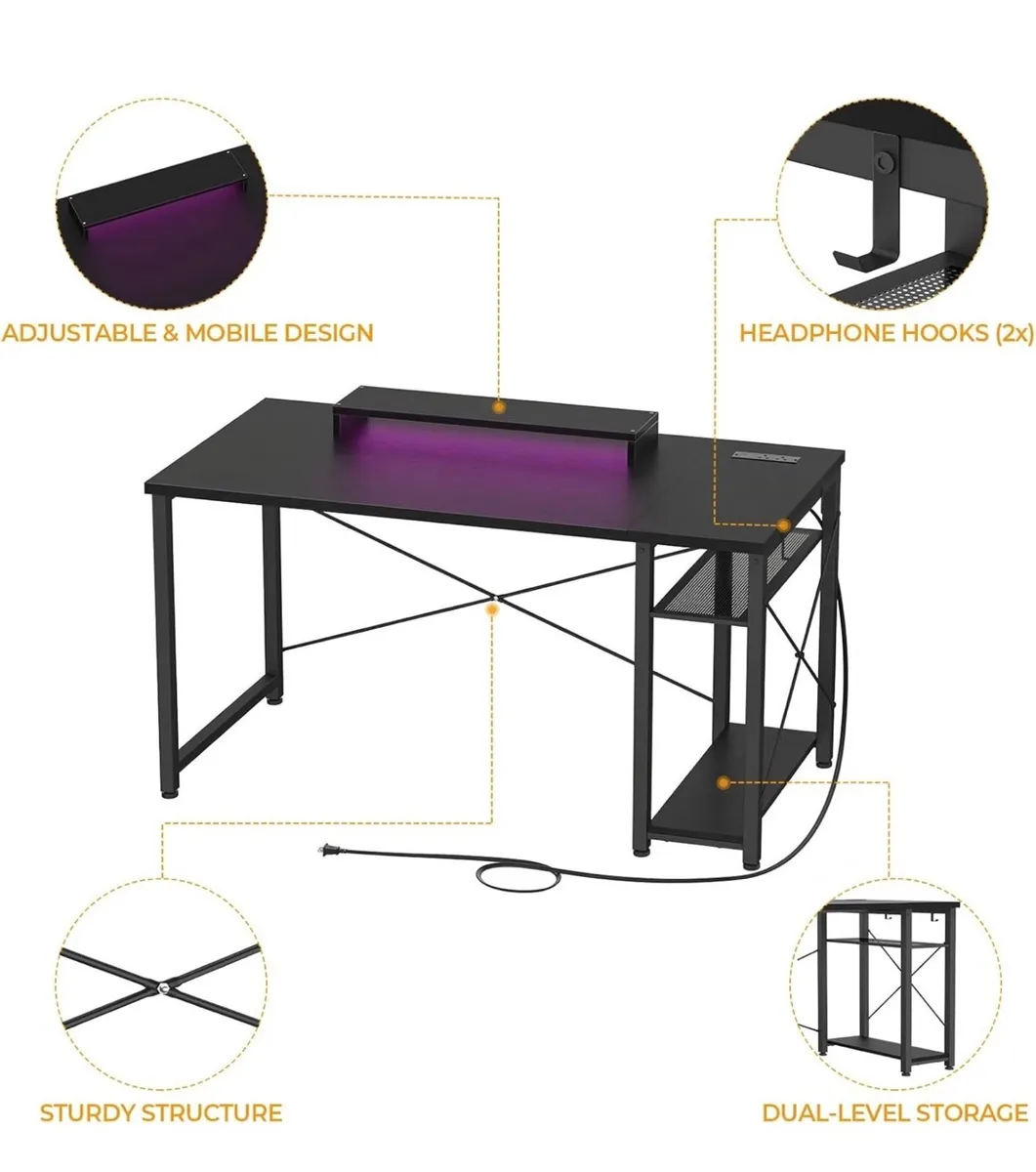 47 inch Gaming Desk with Power Outlets & LED Light - Image 2