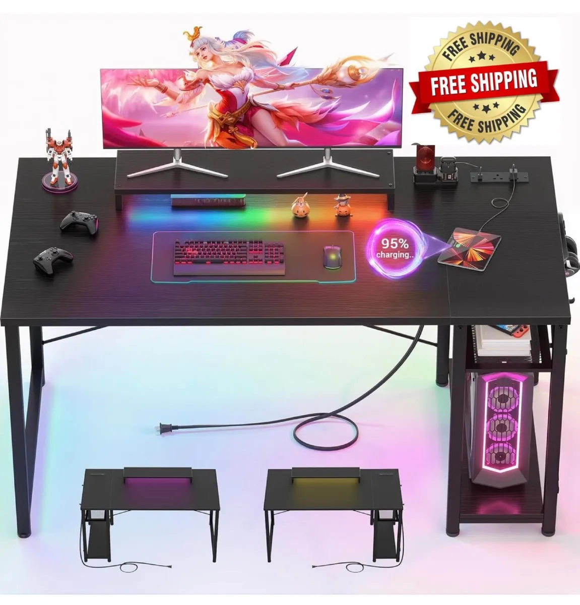 47 inch Gaming Desk with Power Outlets & LED Light - Image 1